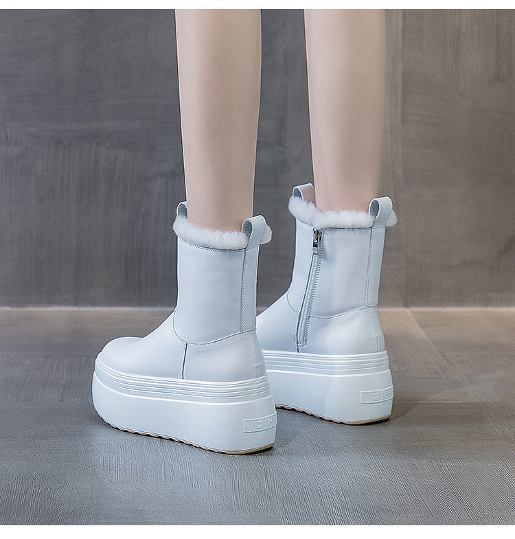 Short Boots Women's Plus Velvet Real Fur Warm Snow Cotton Thick Bottom Muffin Leather Medium Tube Simple
