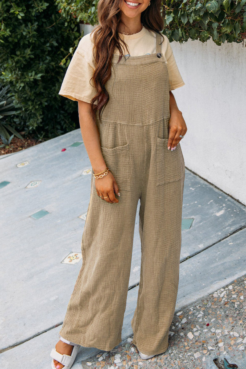 Summer Women's Casual Solid Color Pocket Square Collar Loose Overalls