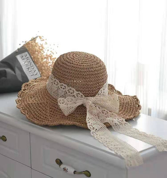 Women's Lace Straw Hat With Bow Hollow Sunscreen