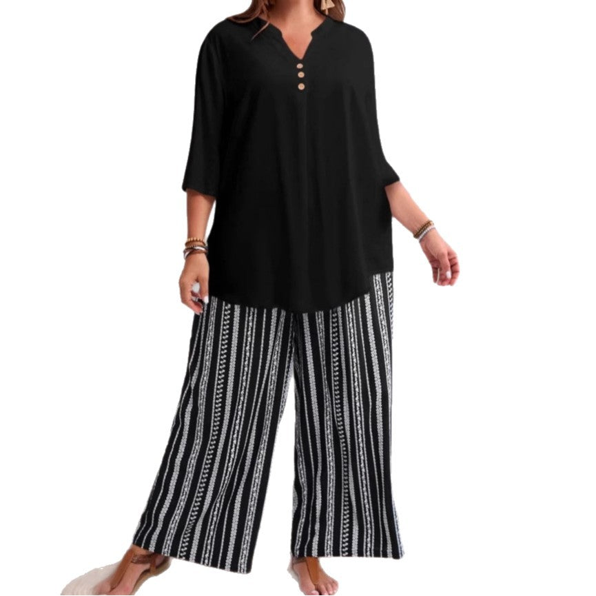 Plus-size Solid-color V-neck Short-sleeve Top And All-print Pants Set