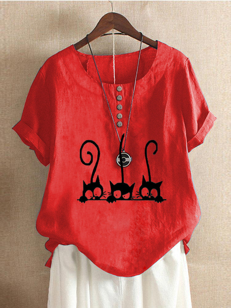 New Fashion Cat Print Round Neck Loose T-Shirt