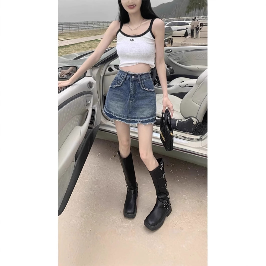 Retro Raw-Edge Denim A-Line Skirt