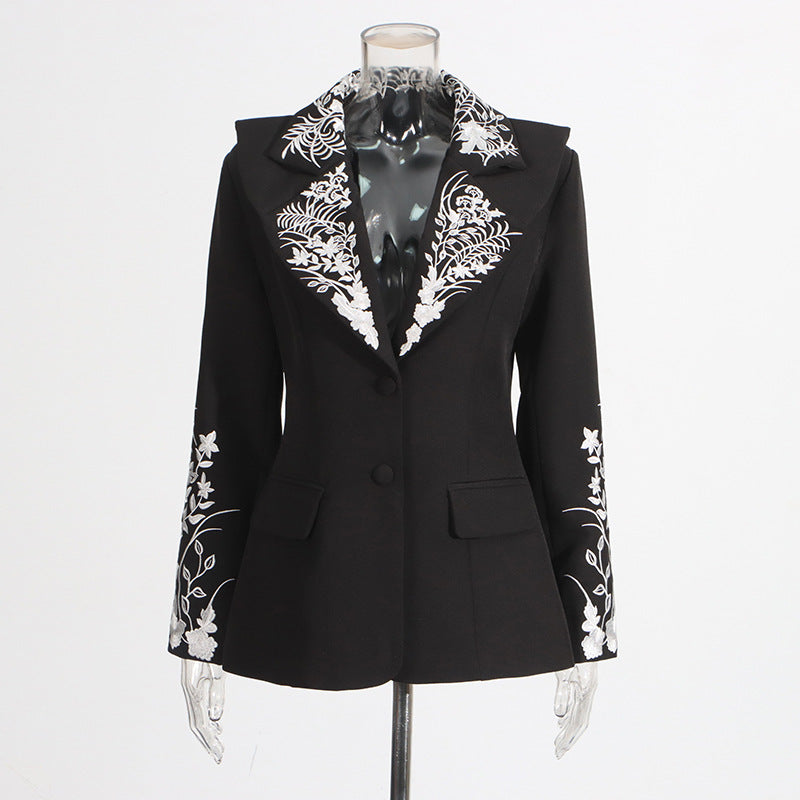 Retro Embroidered Long-Sleeve Fitted Waistline Button-Up Blazer