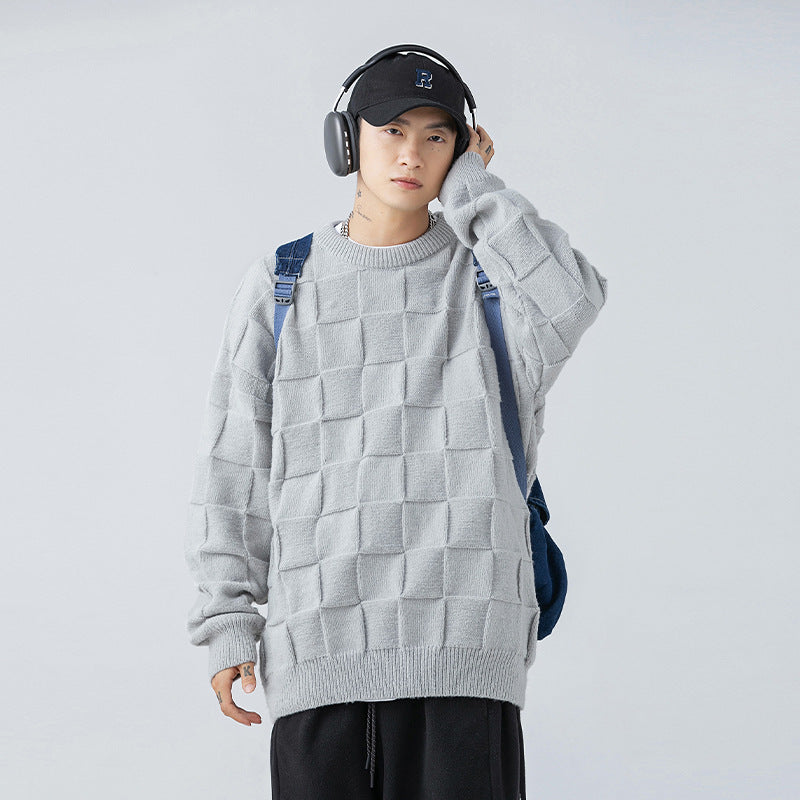 Men's Checkerboard Sweater 2 Versatile Crew Neck