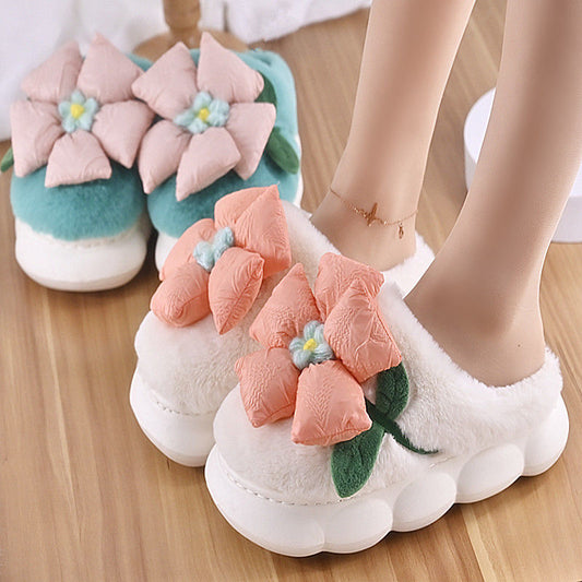 Flower Cotton Slippers With Plush Insulation And Thick Bottom Plush