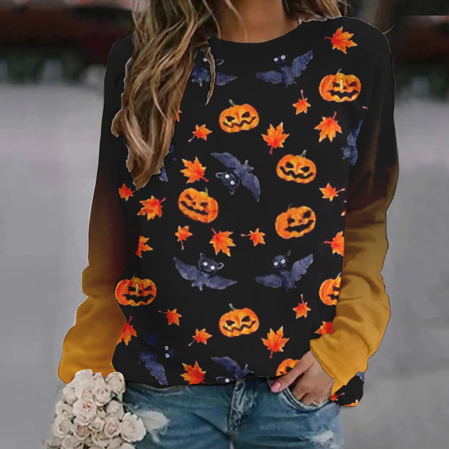 Dame Halloween-sweatshirt med tryk og raglanærmer