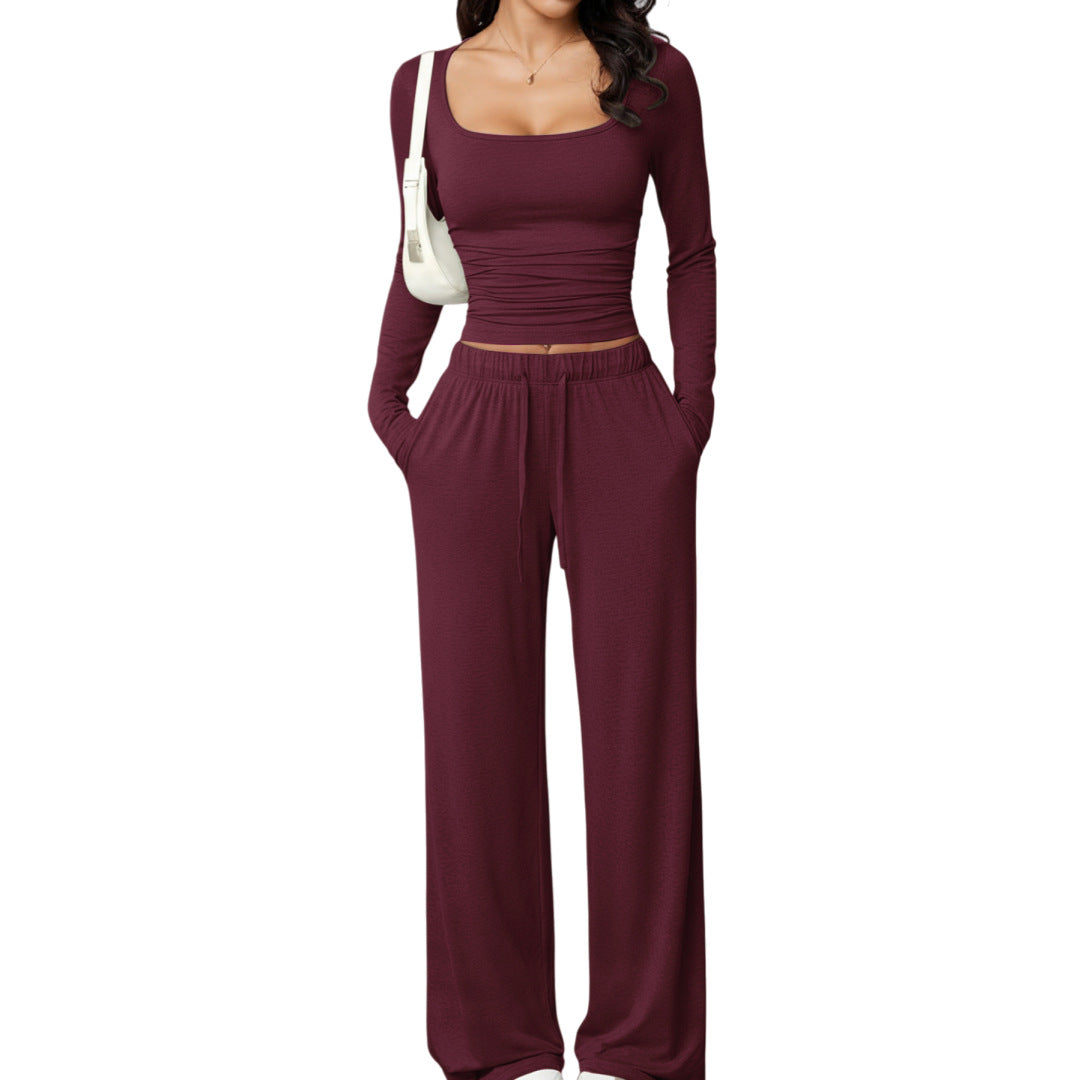 Womens Casual Pants And Square Neck Long Sleeve Cropped Top Set