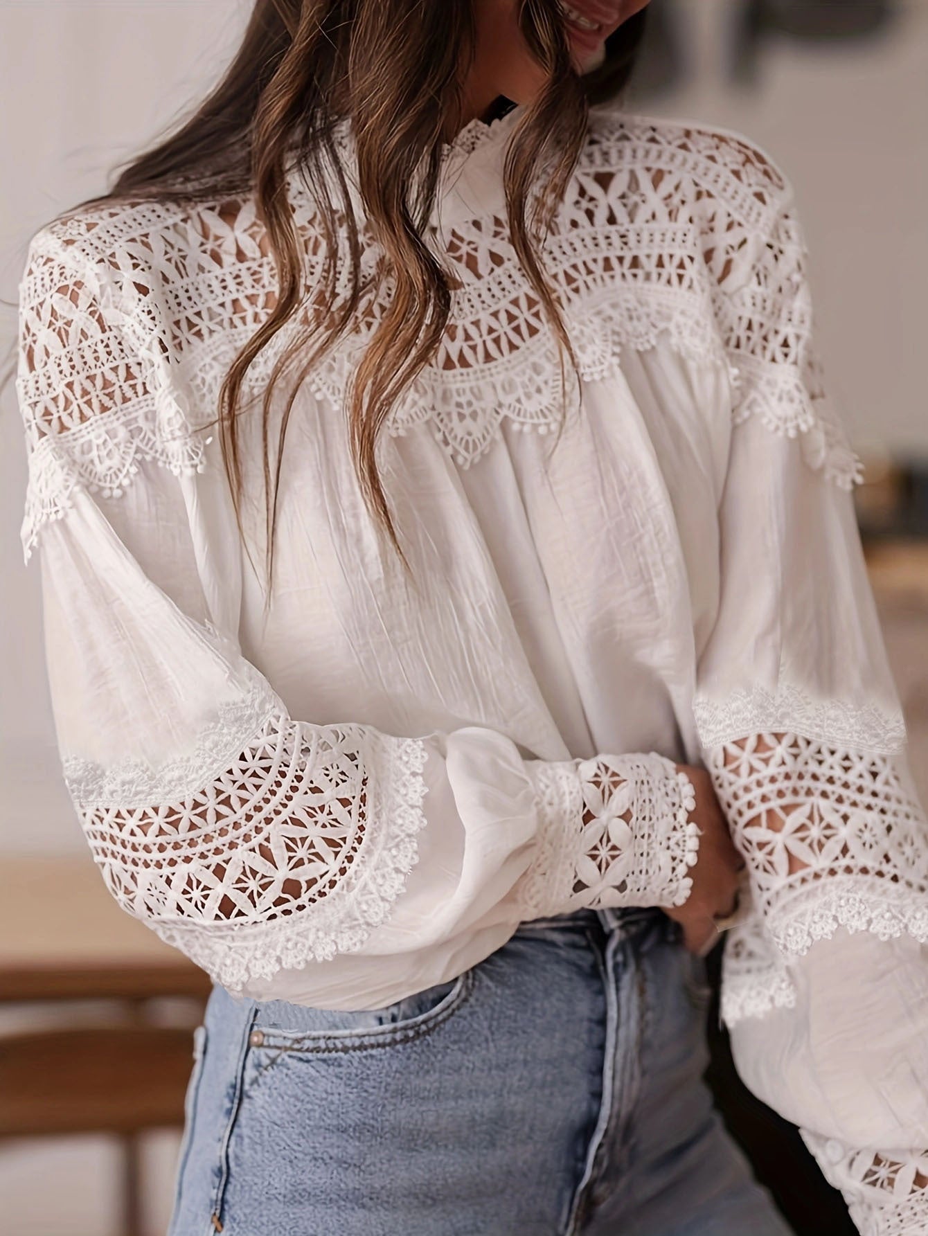 Womens Solid-Color Crochet Hollowed-Out Flare-Sleeve Shirt