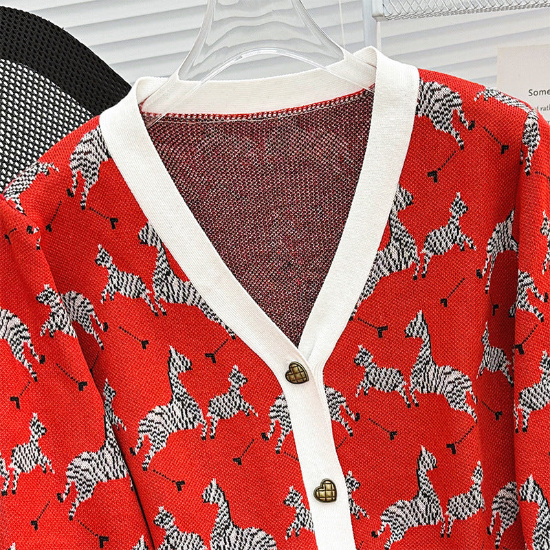 Red Western Style Zebra Jacquard V-neck Long-sleeved Coat For Women