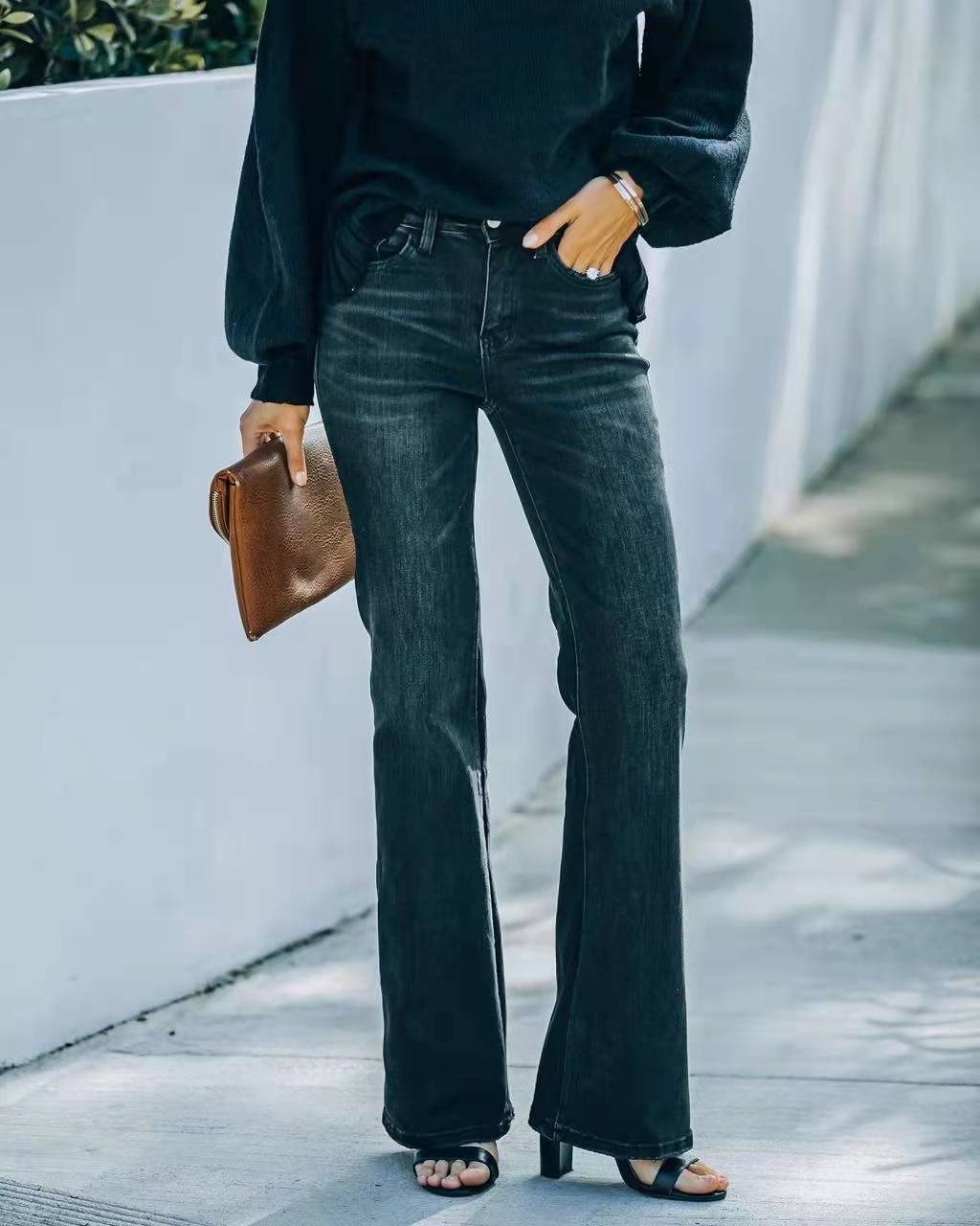 New Cross-border Independent Station European And American Foreign Trade Fashion High Waist Stretch Flared Jeans Women's Trousers Black