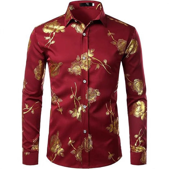 Golden Rose Print Slim Fit Long Sleeve Formal Wear Shirt