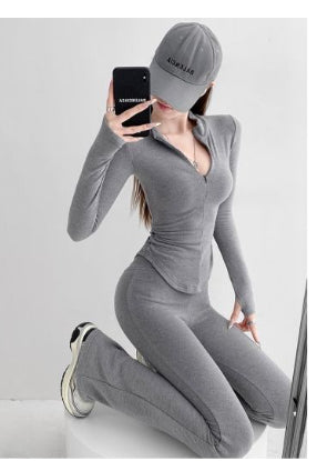 Women's Zipper V-neck Long-sleeved Top With Slim Flare Pants