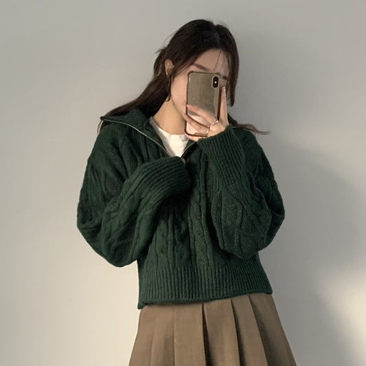 Korean-style Half-turtleneck Twist Twisted Half-zip Collar Knitted Top
