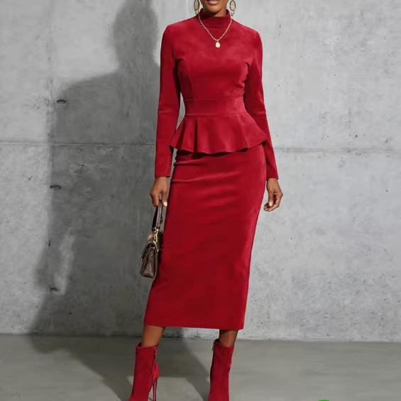 Solid Color Lotus Leaf Hem Top And Bodycon Long Skirt Set
