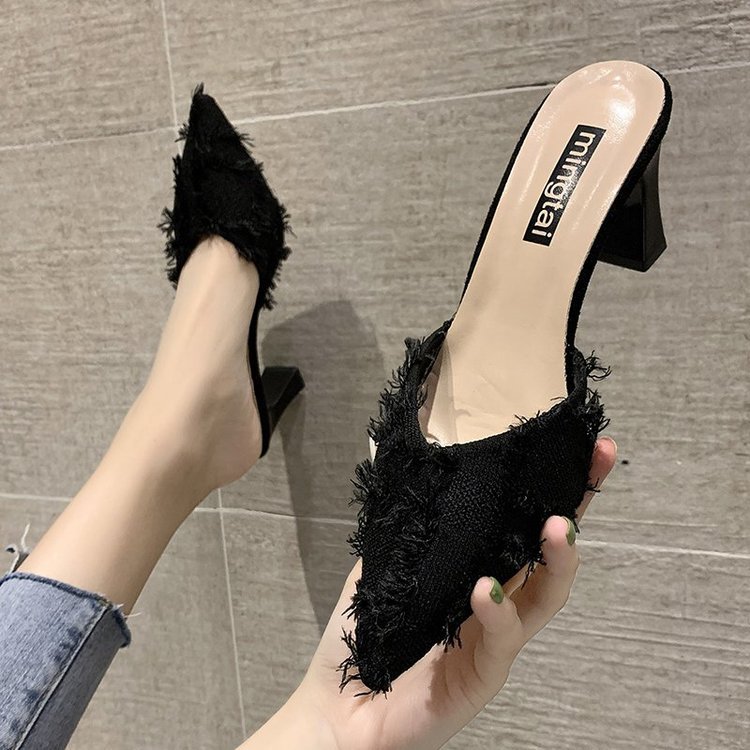 Women's Pointed Toe Baotou Mid-heel Sandals And Slippers