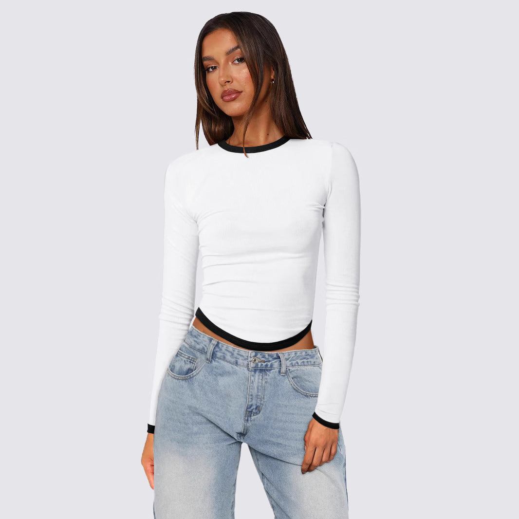 Women's Long-sleeved Round Neck Slim-fit Contrast Colors Short Pullover Top