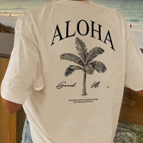 Women's Summer Palm Tree Print Wide Collar Pendant Short Sleeve