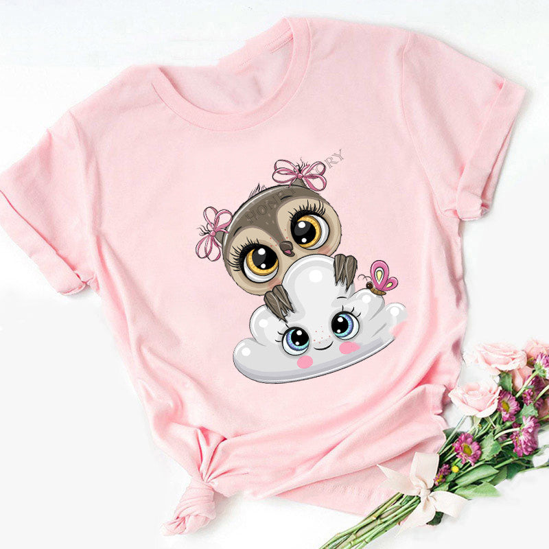 Owl Cute Cartoon Print Short Sleeve