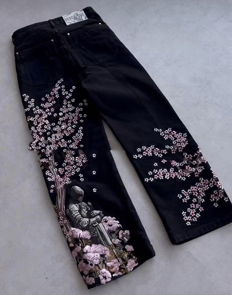 Digital-print Floral Faux Denim Straight-leg Floor-length Pants 3D