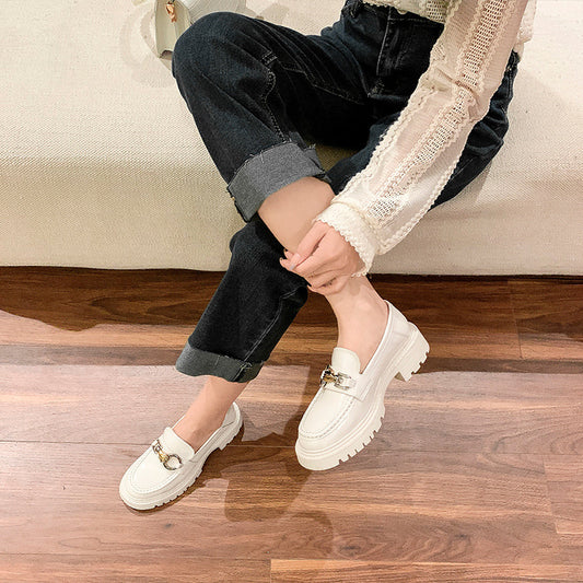 Leather British Style Small Leather Women Thick Heel Flat Slip On Shoes