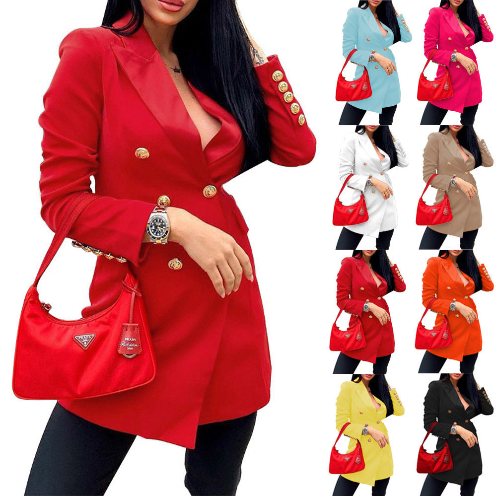 European And American Women's Long-sleeved Double-breasted Mid-length Suit Jacket