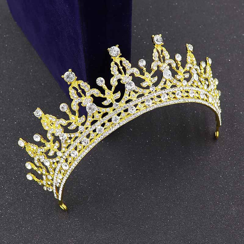 European Baroque Alloy Diamond Gold Crystal Crown Hair Ornament