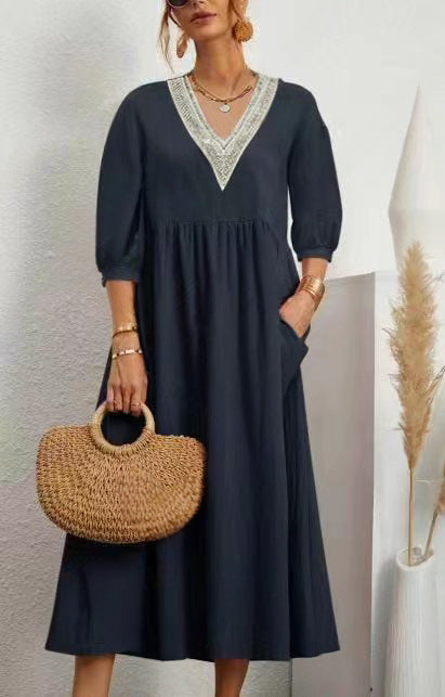 Solid-color Lantern-sleeve Loose Lace Dress
