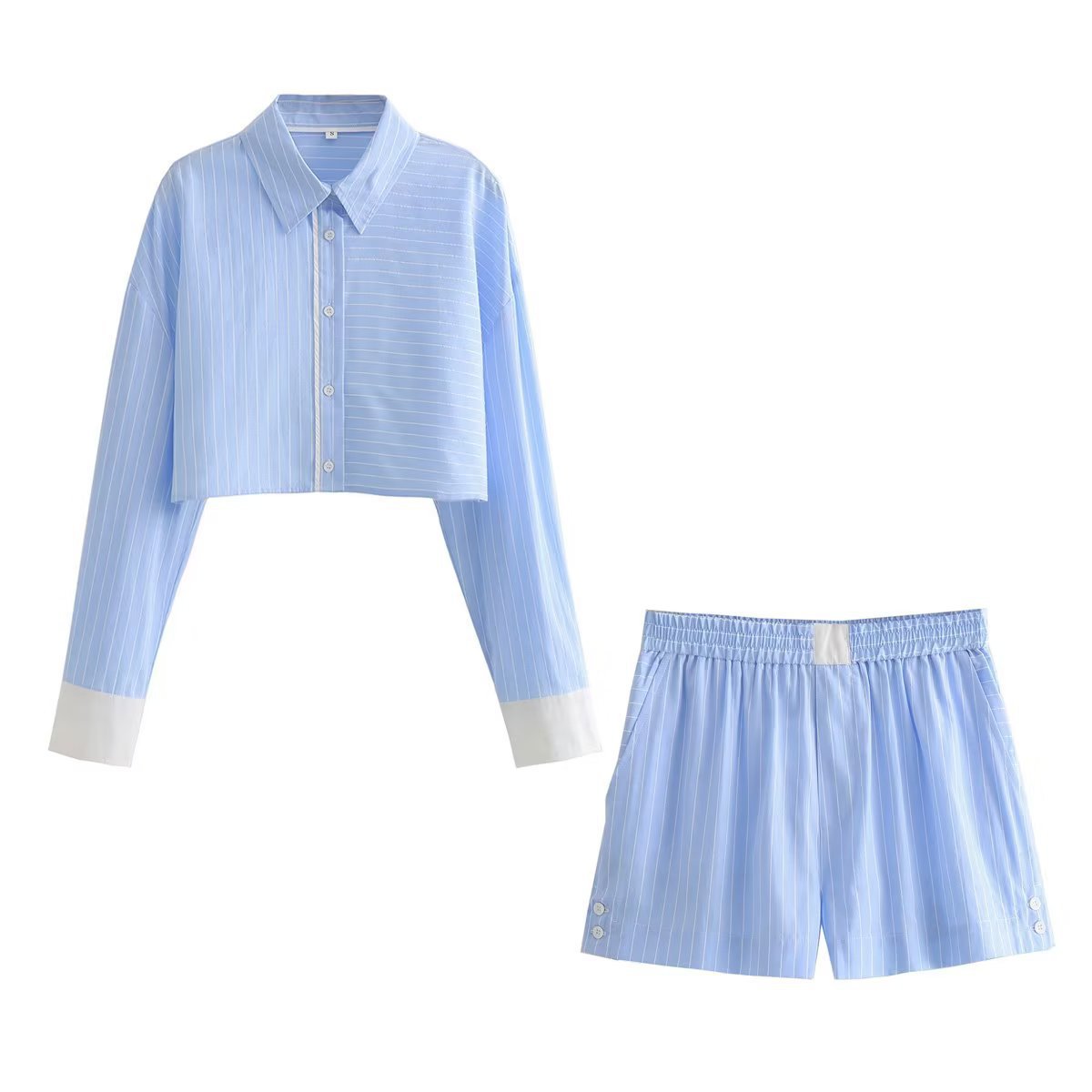 Long Sleeve Contrast Color Striped Shirt Shorts