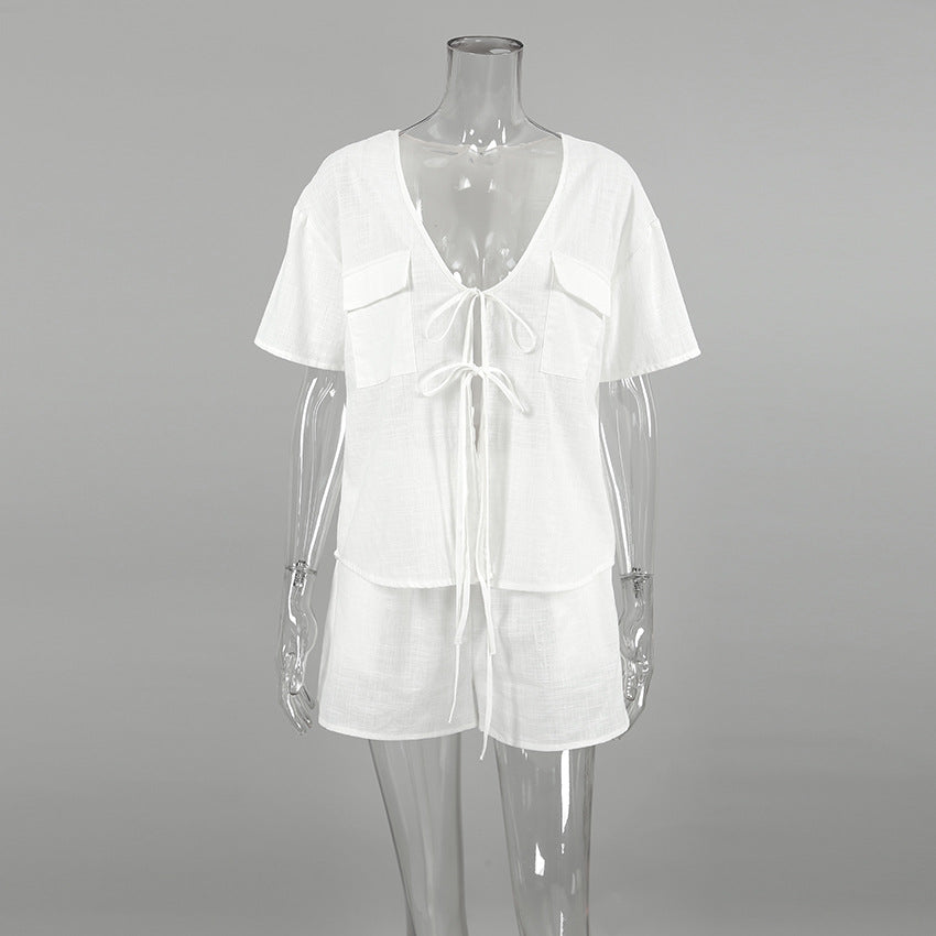Pure Cotton Thin Cardigan With Tie-front And Short Sleeves