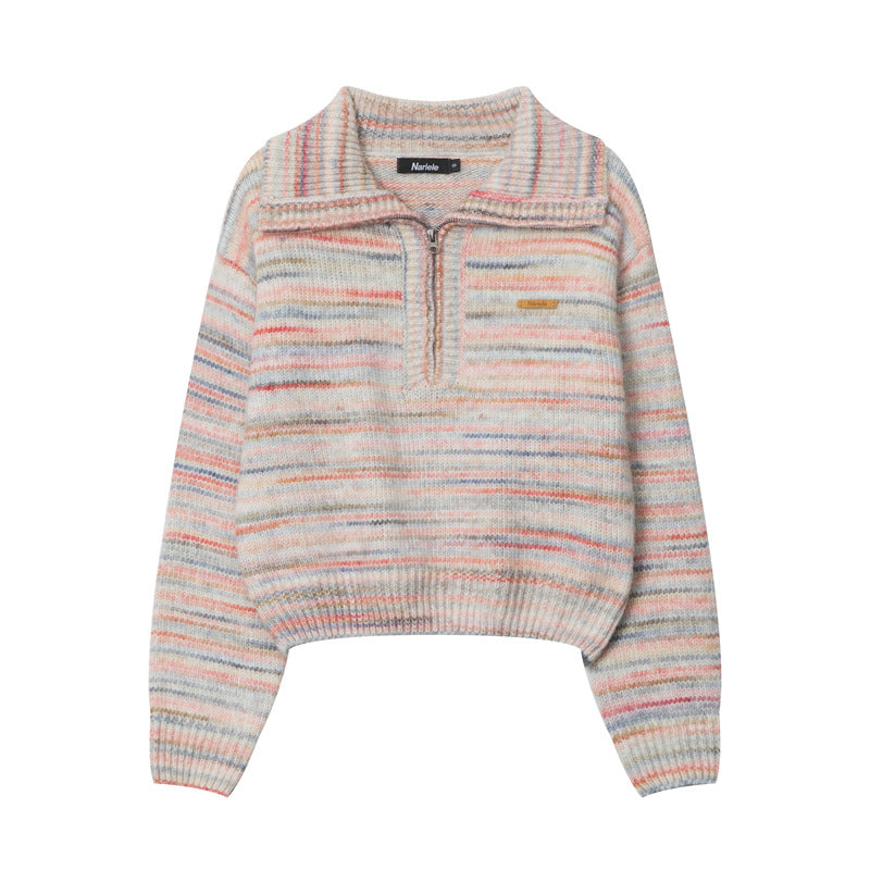 Lapel Short Sweet Half Zip Sweater For Women Striped Minimalist