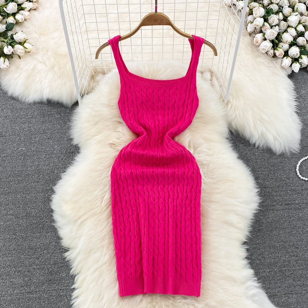 Versatile Cable-Knit Slip-Neck Sweater Body-Con Dress That Slims The