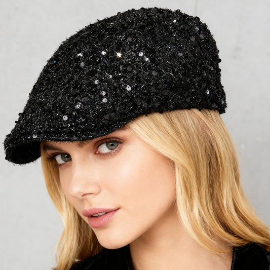 Fashionable Plain-color Sequined Forward Hat - Classic And Versatile, With Lustrous Petal-like Brim. Suitable For Stage Performances.