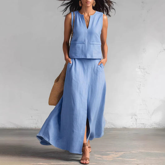 Simple And Elegant Two-piece Set Featuring A V-neck Top And A Skirt