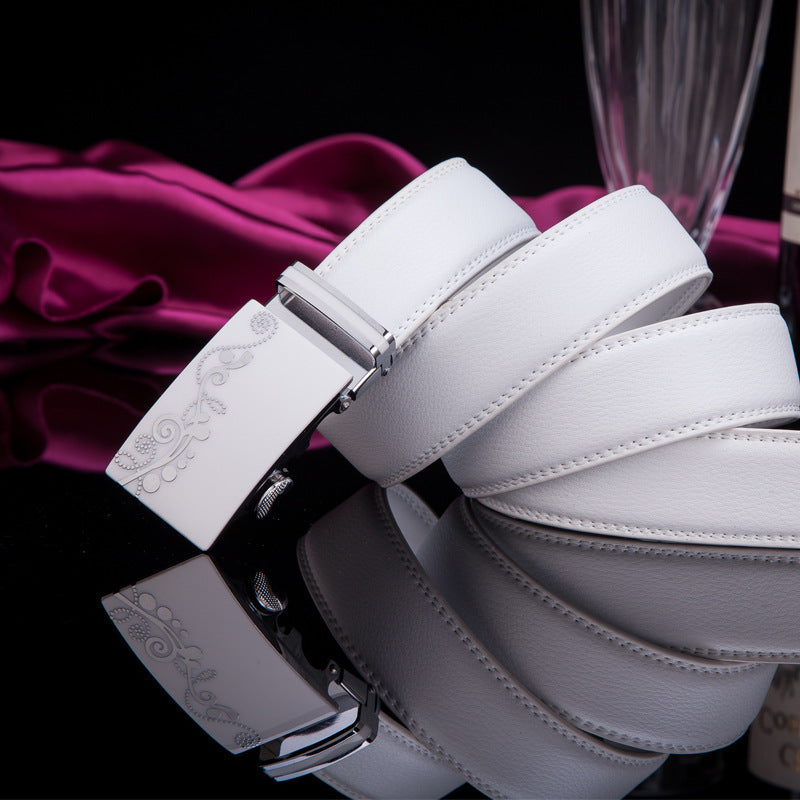 Men's Leather Belt Alloy Automatic Buckle White Belt