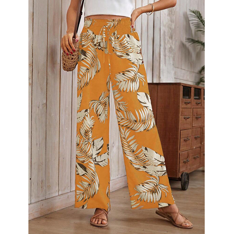 Women's Casual Digital Printing Loose Drawstring High Waist Trousers