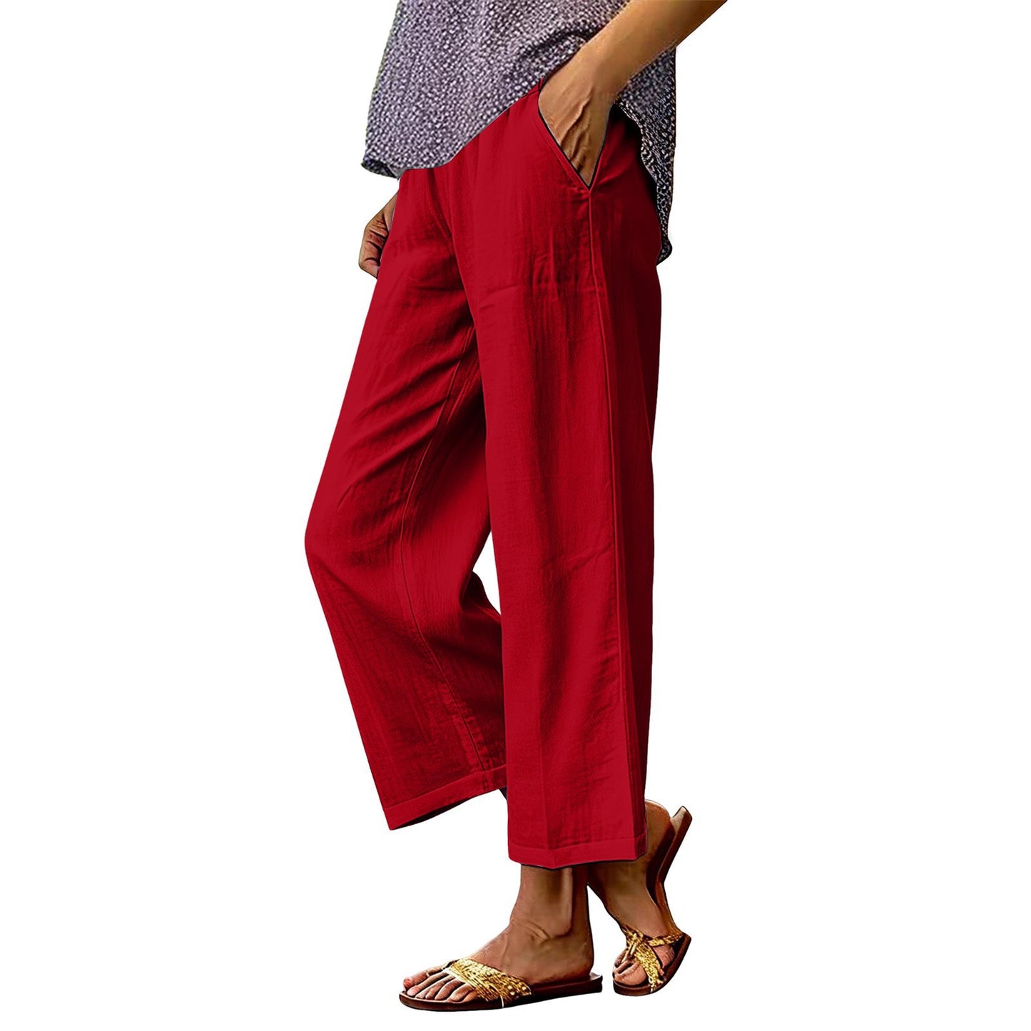 Womens Solid-Color Cotton-Linen Loose-Fit Wide-Leg Casual Pants