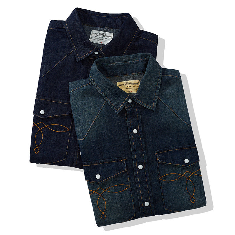 American Retro Classic Bag Flower Wash Short Sleeve Denim Shirt