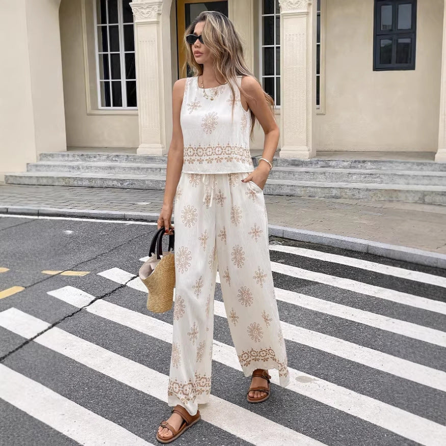 Printed Crew-Neck Sleeveless Tank Top And Pants Two-Piece Set