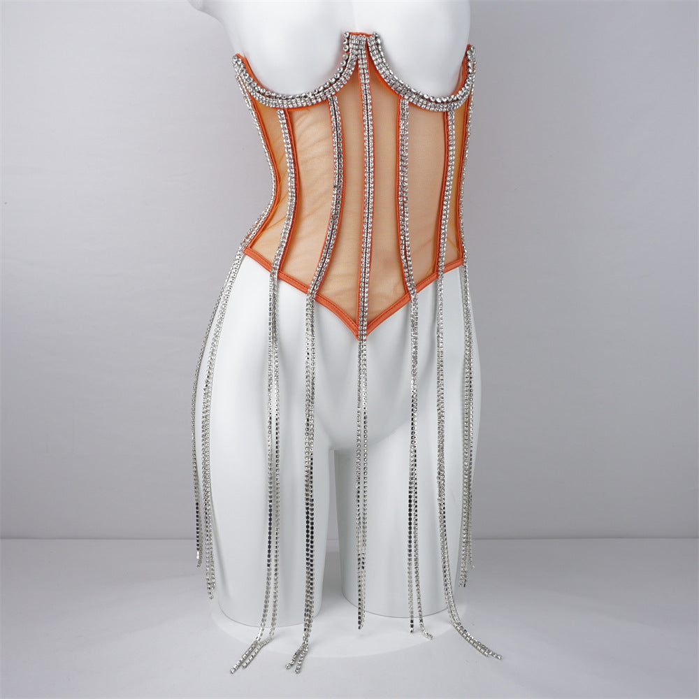 Bright Rhinestone Vest Transparent Lace Bra Hot Girl Women's Outer Wear