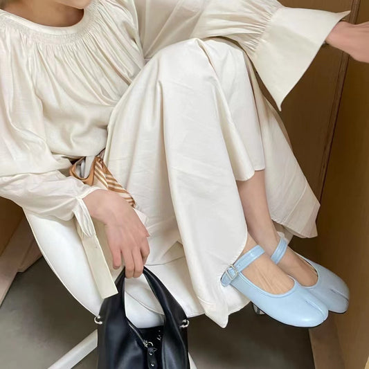 Split Toe Single Shoe Female Pig Hoof Buckle Mary Jane Ballet Light Mouth Blue