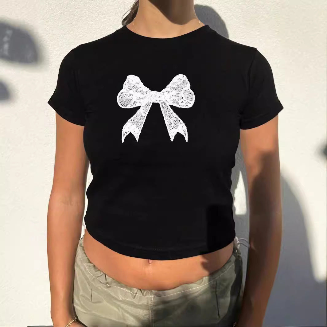 Womens Preppy-Style Bow-Knot Midriff-Baring T-Shirt Top