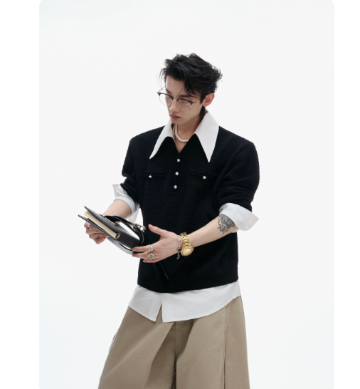 Niche Textured Faux Two-piece Shirt With A Bold Color-block Design