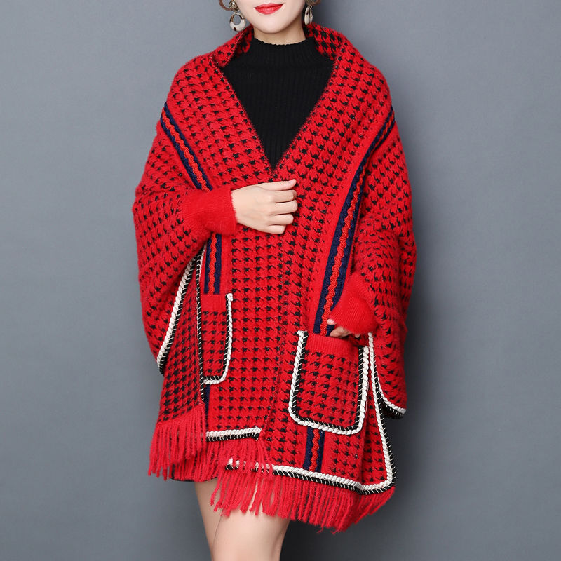 Houndstooth Shawl Women's Outer Wear Autumn And Winter Thickened