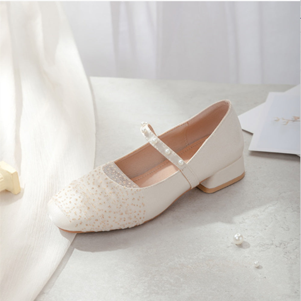 Women's Low Heel Pearl Fairy Country Style Mary Jane Cheongsam Shoes