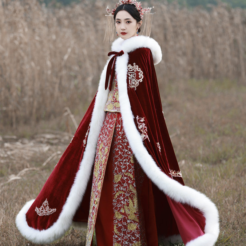 National Style Retro Thickened Wool Collar Long Hooded Cloak