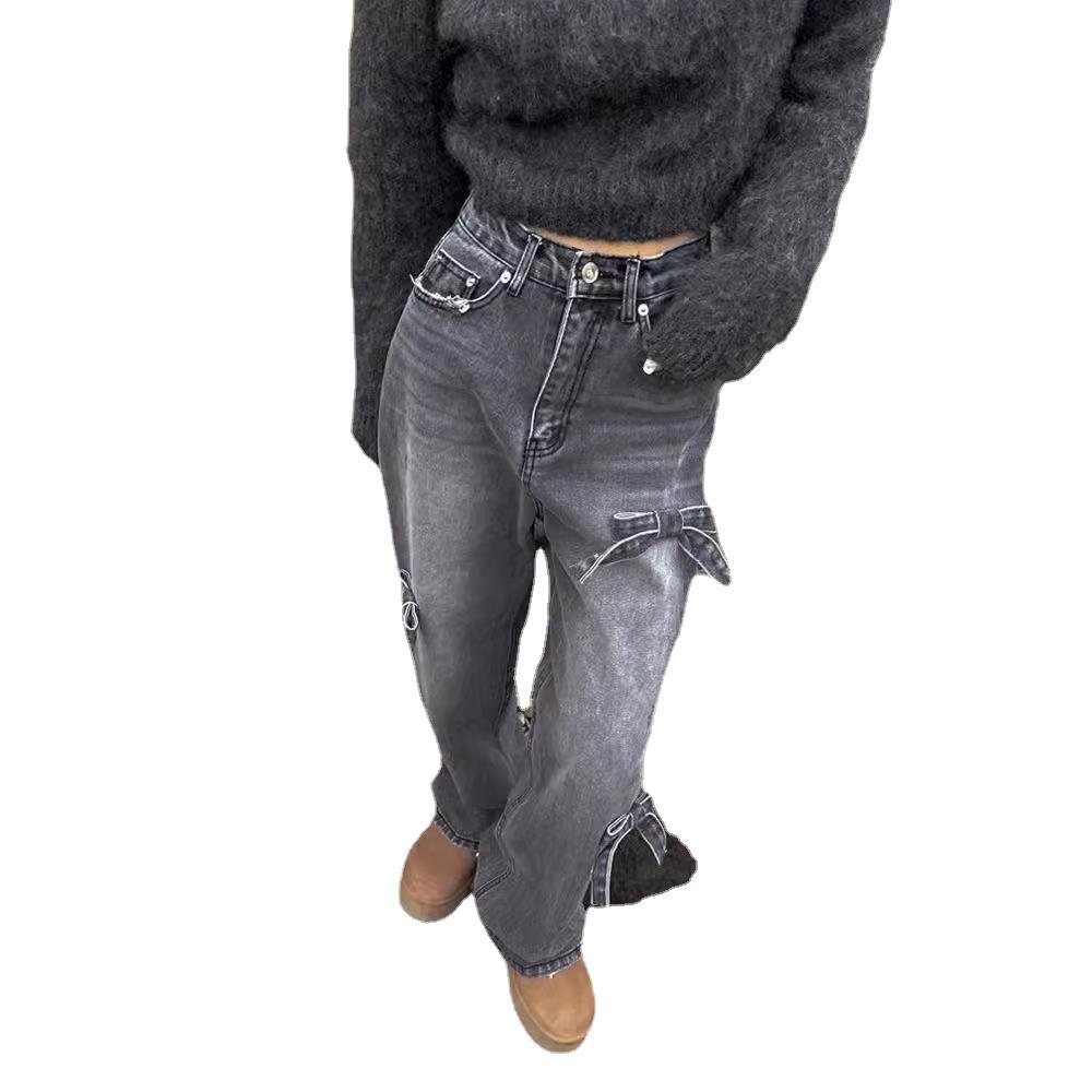 High Waist Slimming Casual Straight-leg Bow Washed Jeans Women's Pants