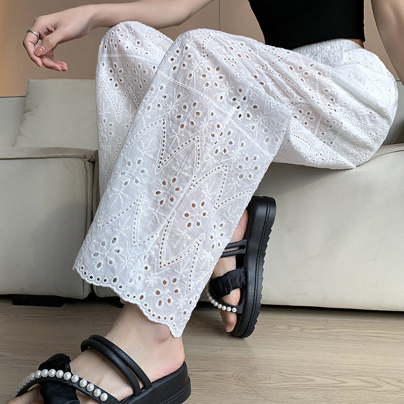 Wide-leg Women's Loose White Embroidered Hollow Casual Pants