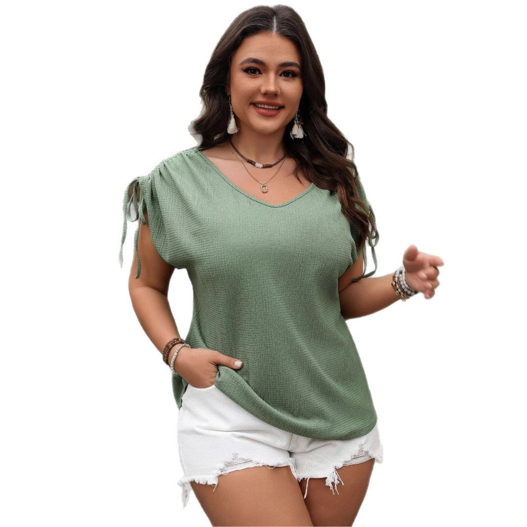 Womens V-neck Loose-fit Drawstring Short-sleeve Top