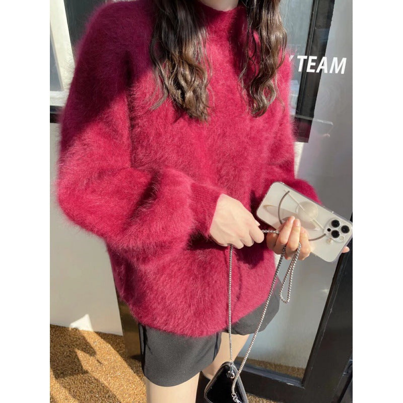 Loose Solid Color Temperament Lantern Sleeve Half Turtleneck Versatile Jumper