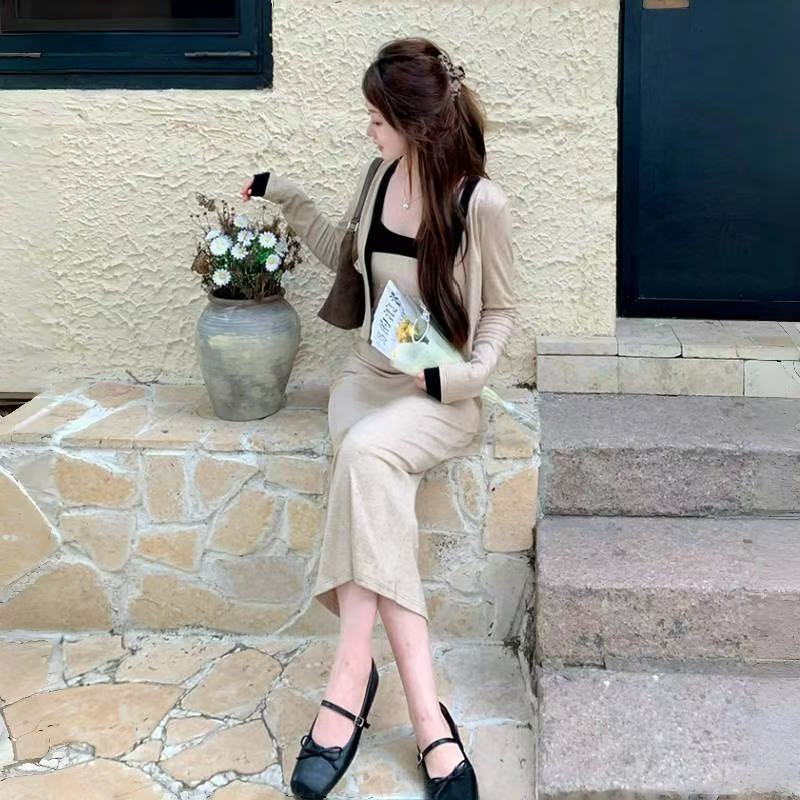 Autumn French-style Chic Color-Block Slip Dress Set
